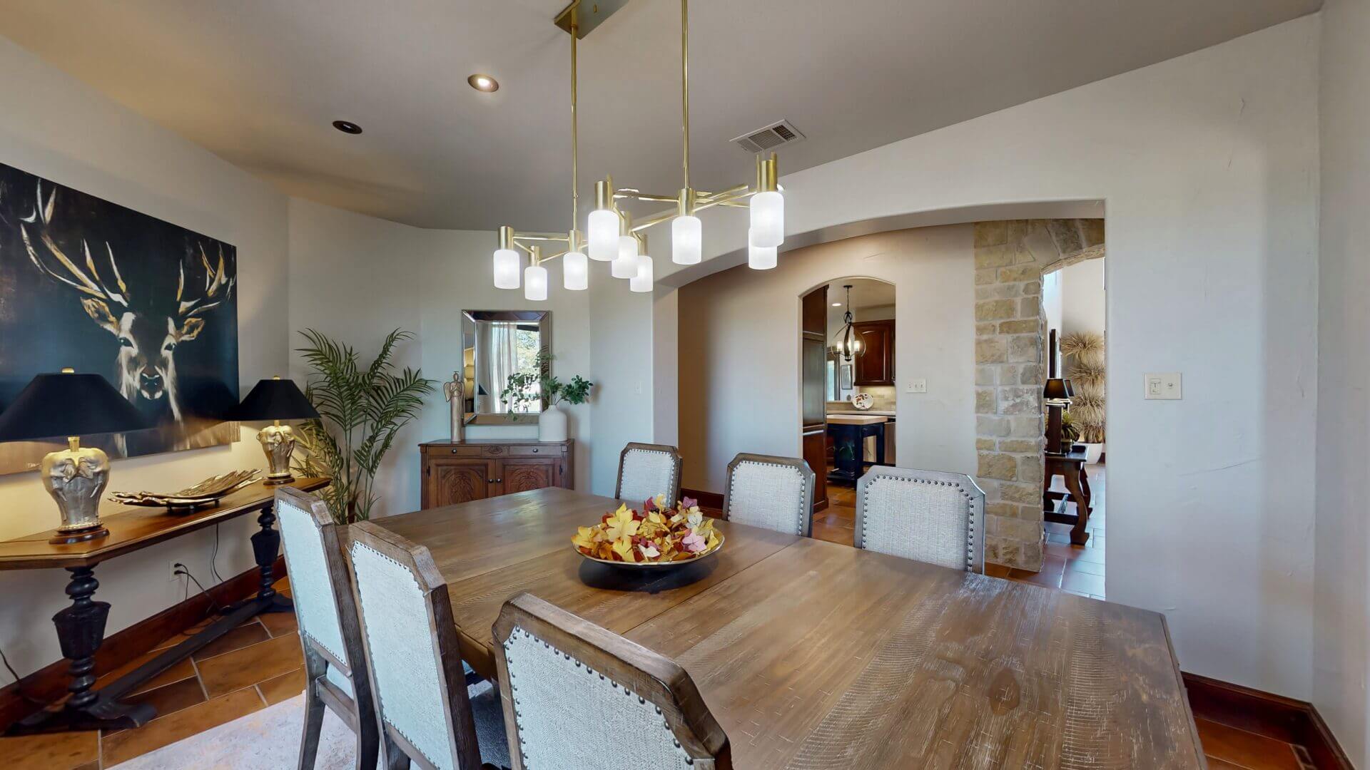 Cozy dining area with artwork