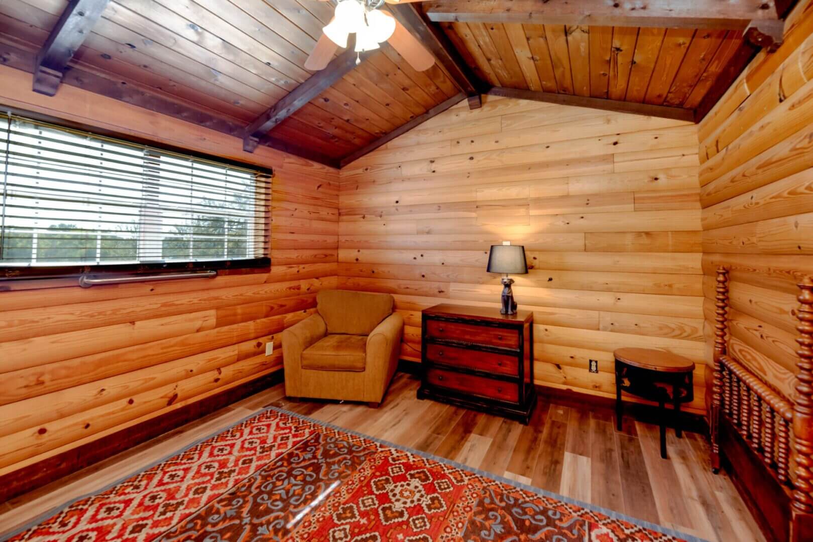 Rustic interior with wooden walls and ceiling