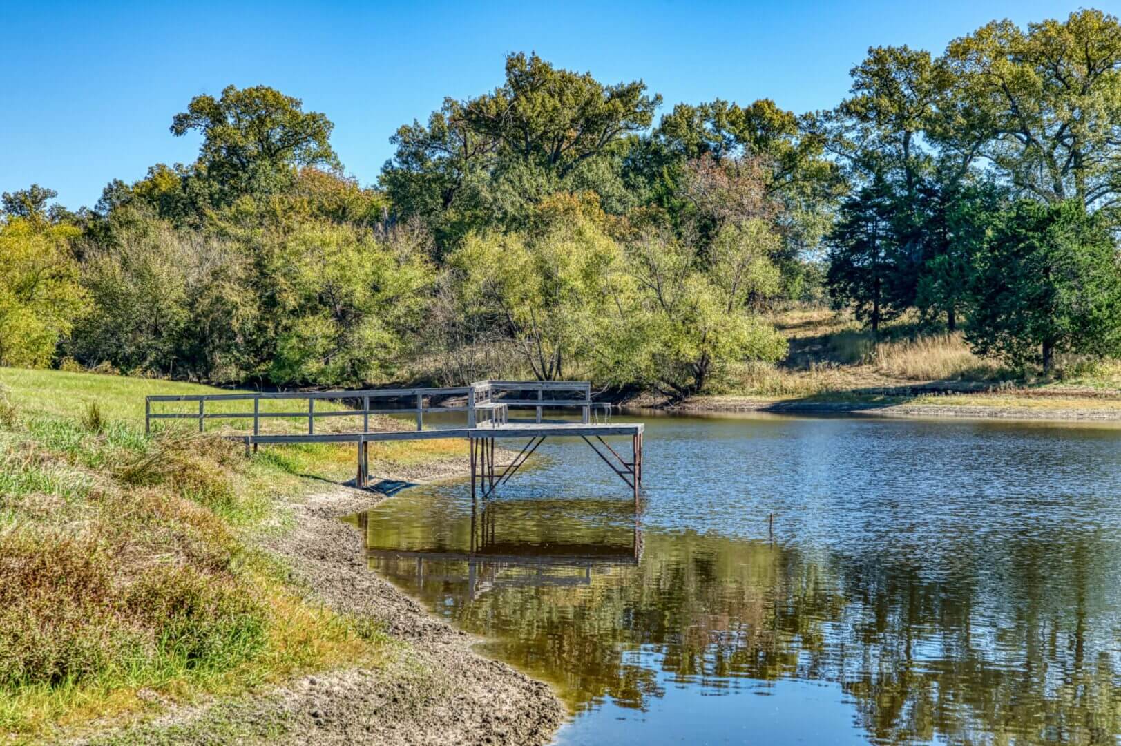 Lakeside wooden dock with trees